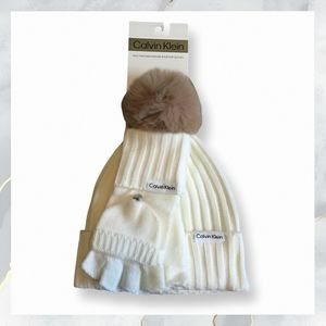 NWT! Calvin Klein Faux Fur Pom Pom Hat and Flip Top Gloves Set CREAM Mittens OS
